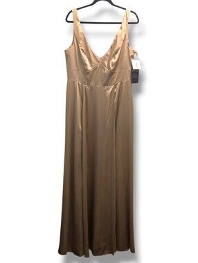 Galina Signature+David's Bridal Gold Charmeuse Tank V-Neck Dress with Slit- 14